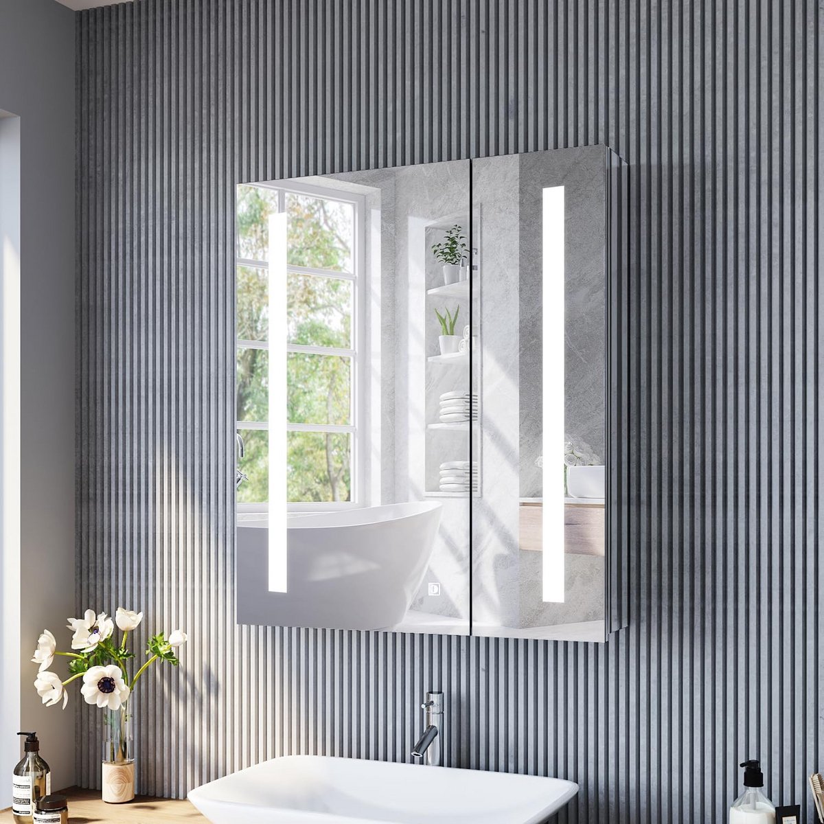 SONNI Mirror Cabinet Bathroom with Lights 60 cm Wide Stainless Steel Bathroom Mirror Cabinet Mirror Cabinet with Lights and Socket Touch Switch Wireless Hinge Design