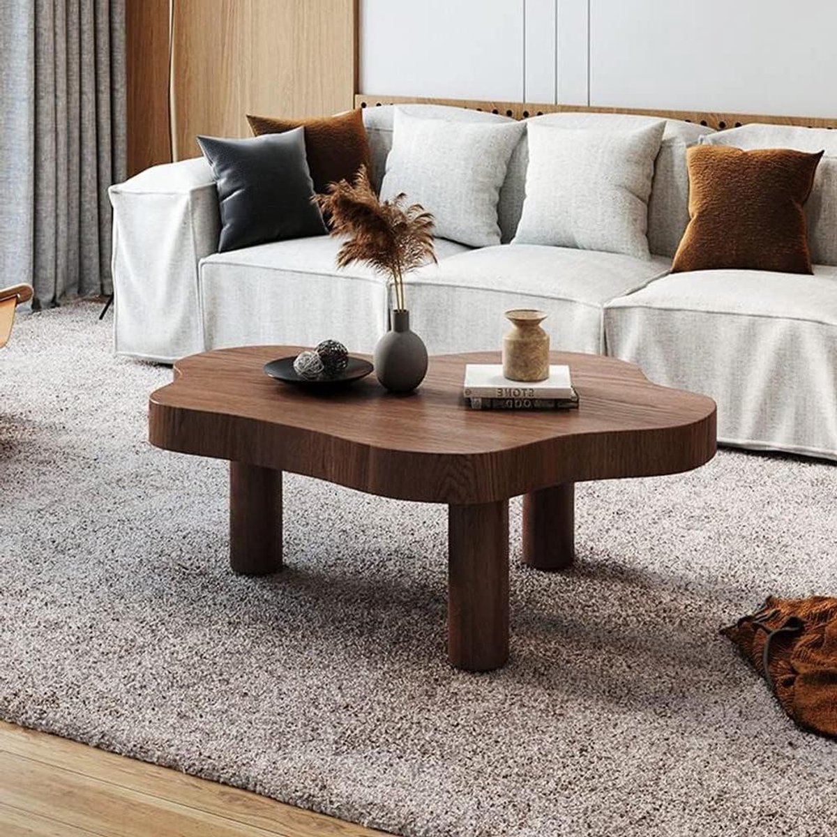 Moderne salontafel - Theetafel bijzettafel - Woonkamer inrichten - Onregelmatig wolkontwerp - 70x45x40cm - Walnoot