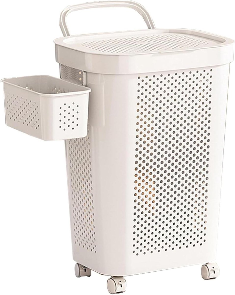 Wasmand met wielen Kunststof mand Was sorteren Met deksel en handvat 60 liter Wit