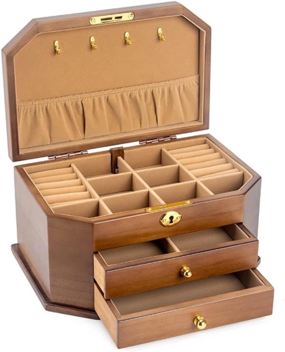 Houten Sieradendoos - Opberger Organizer - Juwelen Opslag - Zachte Fluweel Voering - 28x19x15cm - Blauw