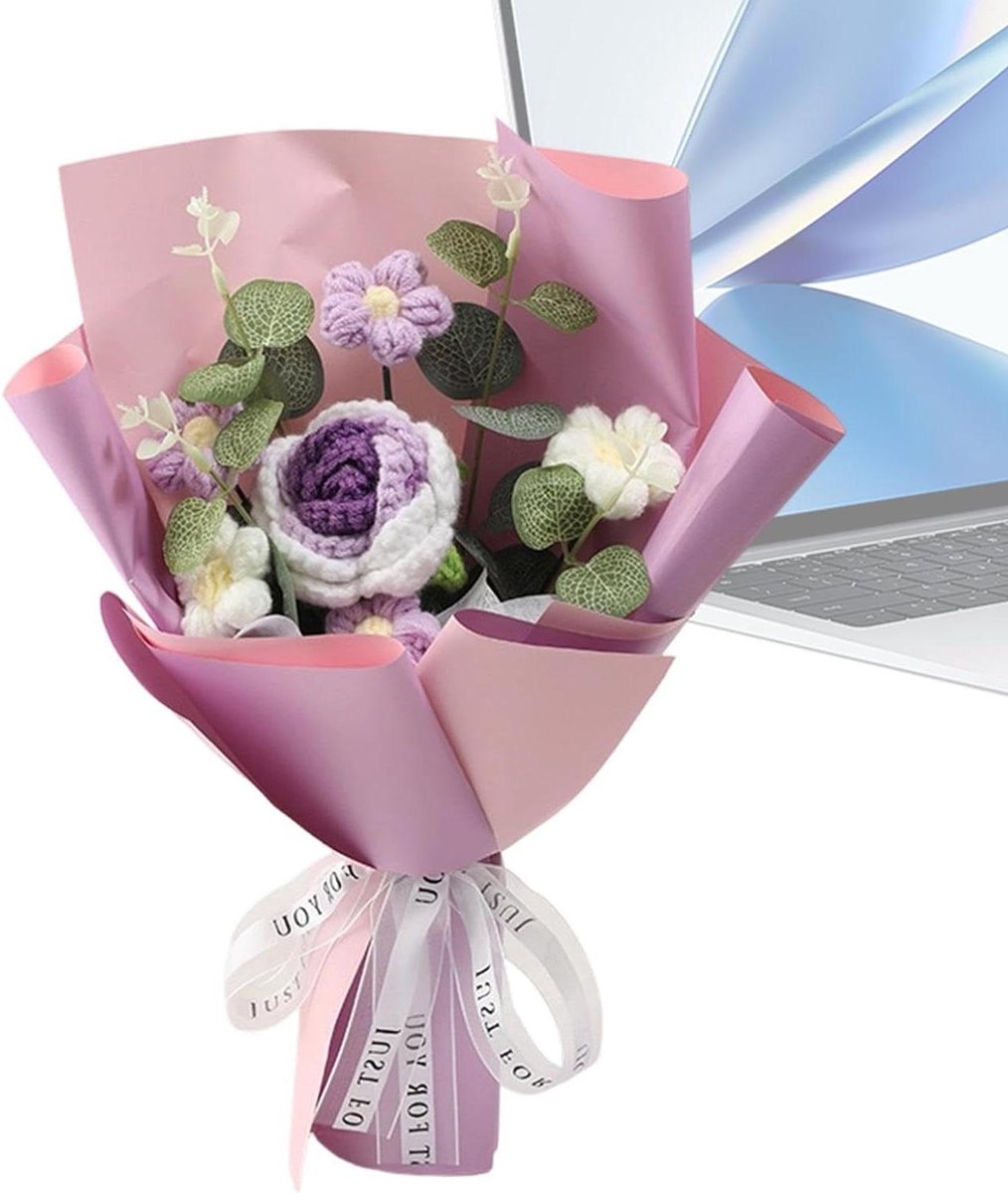 Kroesbloemen Boeket - Gebreide Bloemen - Decoratie Huis - Handgemaakt Kwaliteit - 26B x 6D x 6H cm - Paars