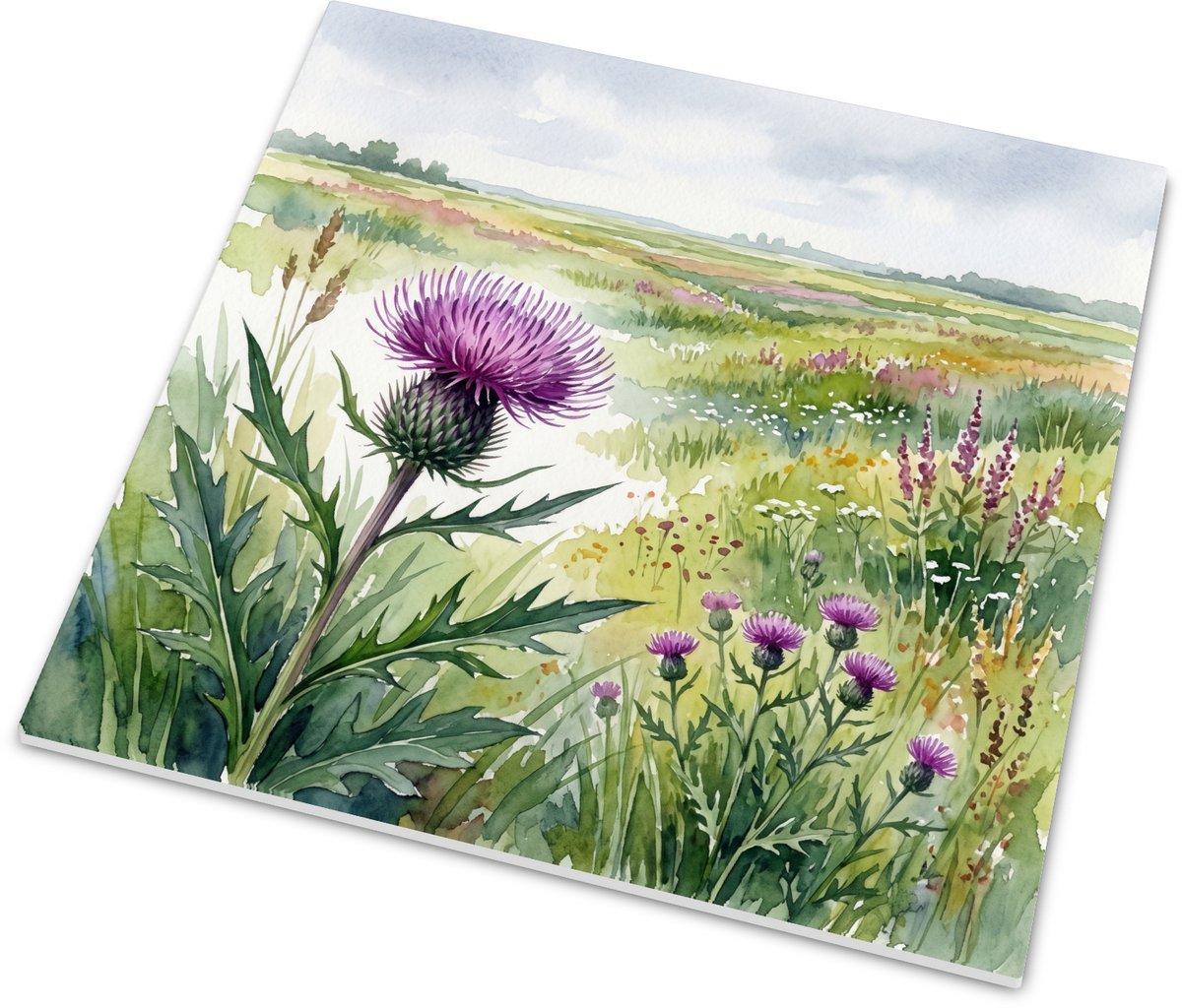 Tegeltje spaanse ruiter (Cirsium dissectum) in weids weidelandschap - Botanische aquarel p