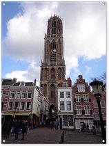 Tuinposter 90x120 cm - Tuindecoratie Utrecht - Domtoren - Wolken - Poster voor in de tuin - Buiten decoratie - Schutting tuinschilderij - Tuindoek muurdecoratie - Wanddecoratie balkondoek