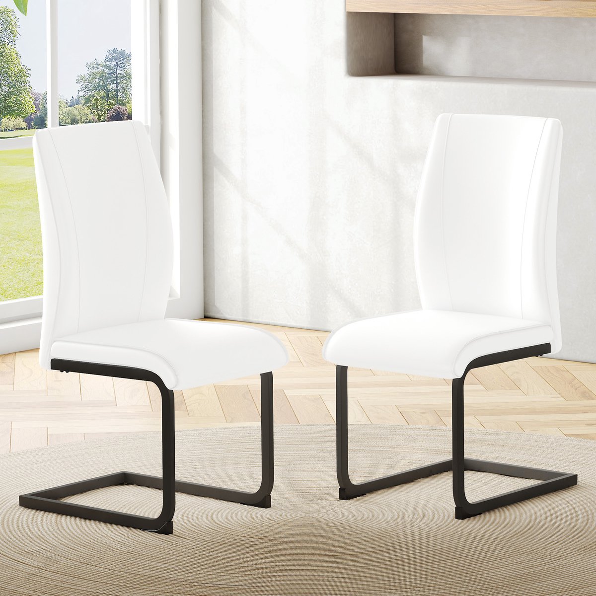 FloraGrace Eetkamerstoel - Set Van 2 - Ergonomische Rugleuning & Comfortabele Zitting - Voor Eetkamer - Kunstleer Metaal - Wit Zwart