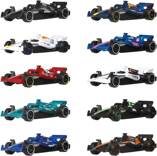 Tien F1 raceauto's in verschillende kleuren en met diverse teamlogo's.