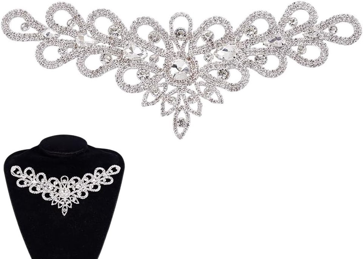 2 Stuks Zilveren Rhinestone Patches, Bloem Crystal Applicaties voor Bruidsjurken, DIY Versieringen en Kleding, 7.5 x 20.5 cm