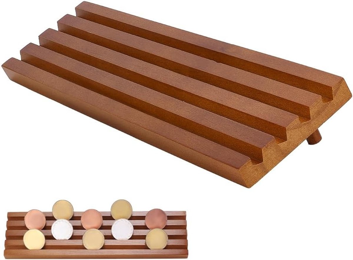 Houten Display Houder voor Uitdagingsmunten - 4 Rijen, Verzamelobjecten, Militair, Desk Display, 32.5 x 9 x 5.5 cm