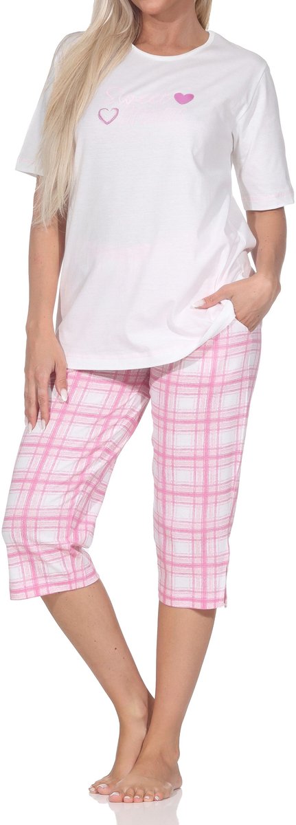 Normann damespyjama met geruite jersey capri pyjamabroek - ook in grote maten creme