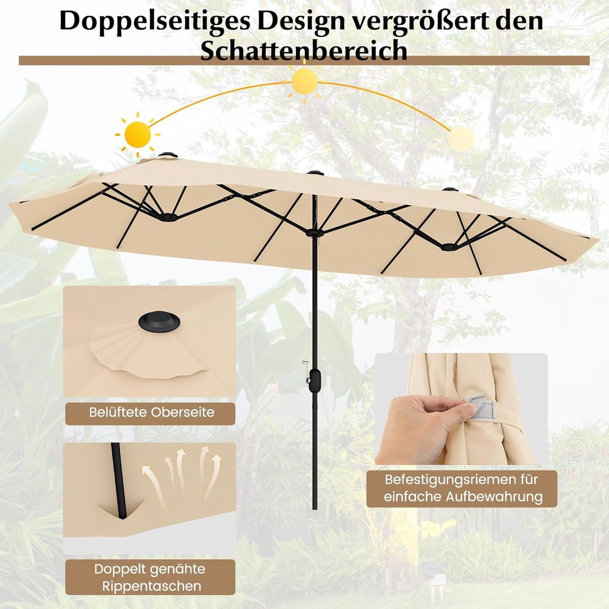 Dubbele Tuinparasol XXL 400x200 cm Ovaal met Standaard & Zwenkmechanisme – UPF 50+ UV-Bescherming, Grote Terrasparasol met Ventilatie & 12 Ribben – Beige – Nicolehome