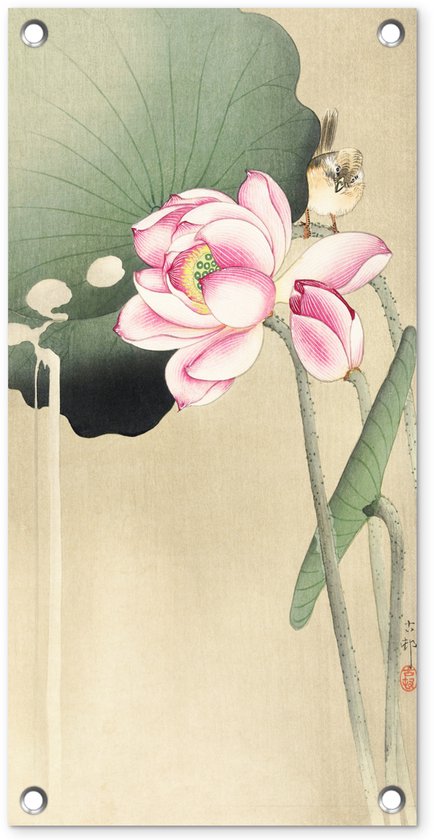 Tuinposter 30x60 cm - Tuindecoratie Songbird and lotus - schilderij van Ohara Koson - Poster voor in de tuin - Buiten decoratie - Schutting tuinschilderij - Tuindoek muurdecoratie - Wanddecoratie balkondoek