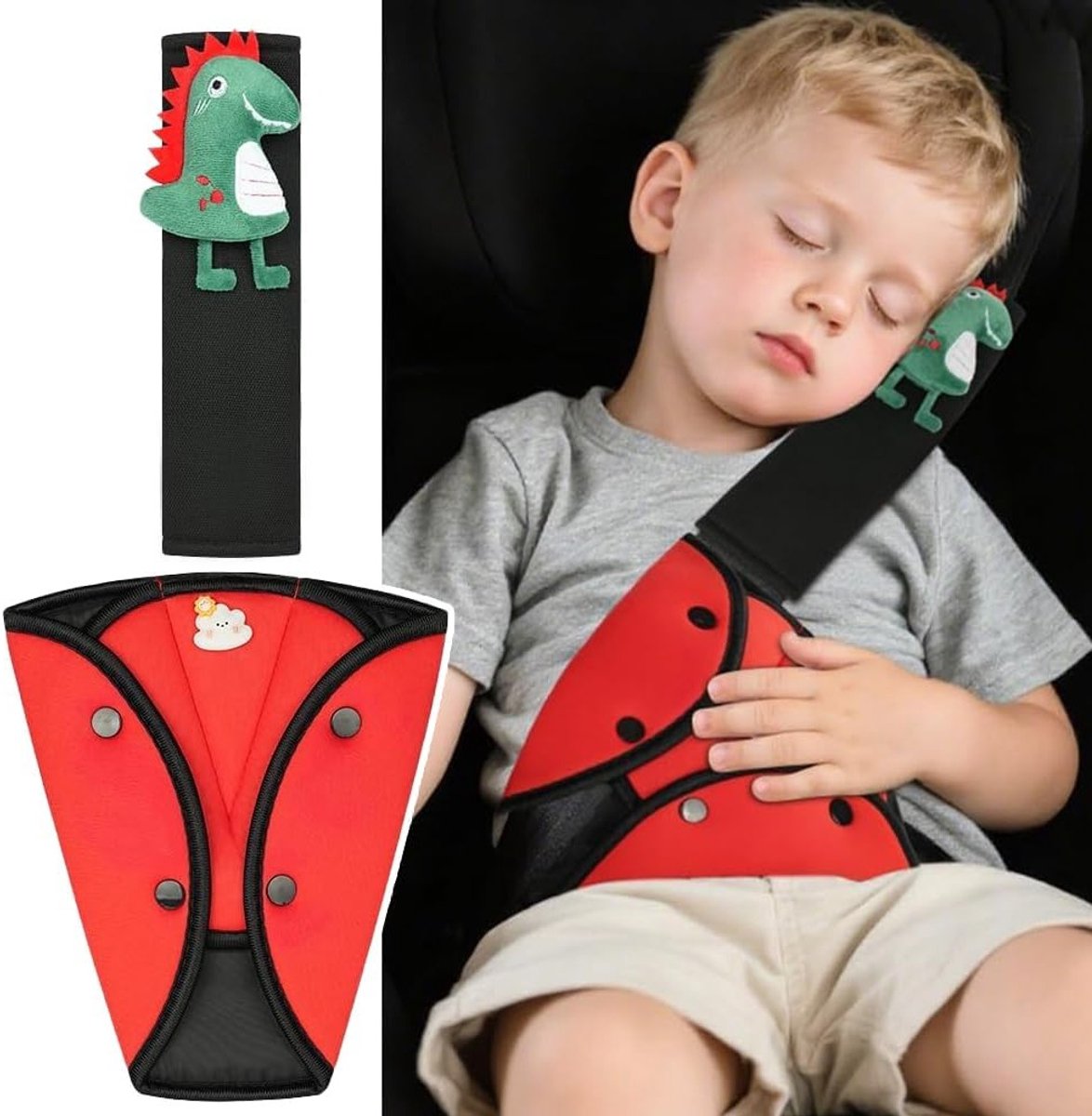 Zachte en Verwijderbare Veiligheidsgordel Kussens voor Kinderen en Volwassenen - Dinosaur Design, 2 Stuks, Comfort en Bescherming tijdens Autoritten