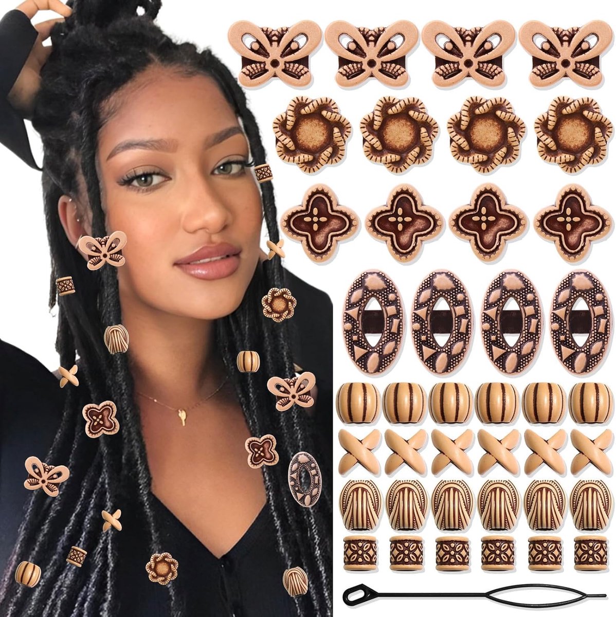 40 Stuks Haar Accessoires Houtlook Kralen voor Vlechten en Dreadlocks