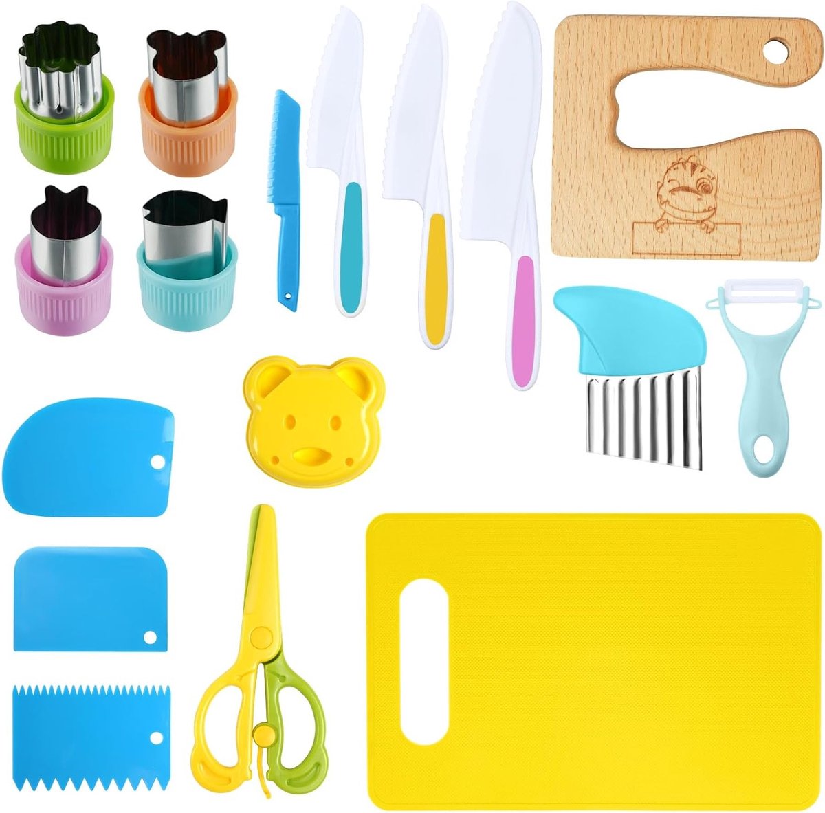Veilig Kindermes Set met 17 Stukken, Kindvriendelijk Keukenmes voor Snijden en Koken, Inclusief Houten Mes, Snijplank en Schiller, Perfecte Cadeaus voor Peuters en Kleuters