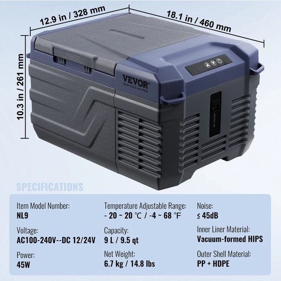 Velori Compressor Koelbox 12 Liter 12V/230V - Autokoelkast - Draagbare Camping Koelkast - Elektrische Frigobox - Bluetooth App - tot -20°C - Camper Boot Auto — afbeelding 4