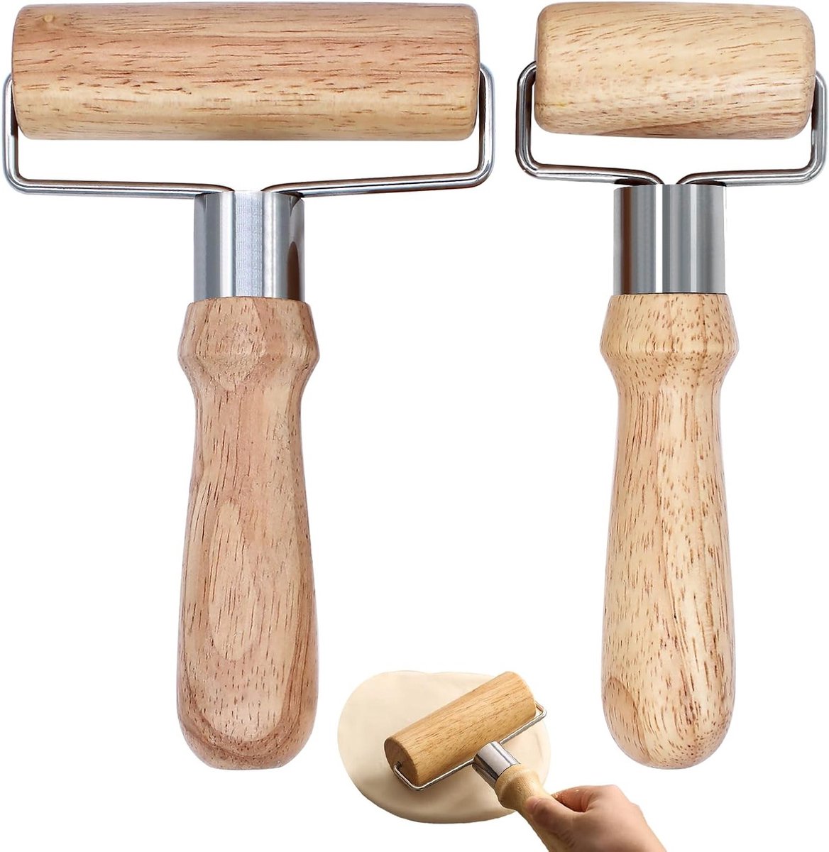 Houten deegroller set van 2, kleine en middelgrote T-vormige rollers voor bakken, pizza en koekjes