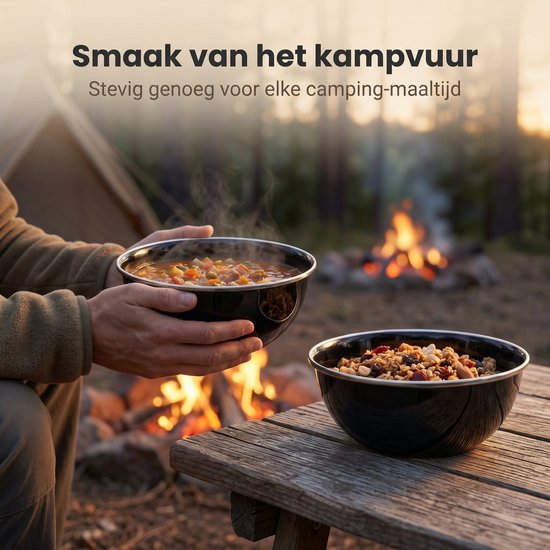 Cheqo® Campingschalen Set van 2 - Emaille Schalen - Camping Servies - Emaille Kommen - Camping Kommen - Emaille Borden - Kampeer Servies - Outdoor Servies - Diepborden - Zwart - Kamperen - Geëmailleerd - Picknick — afbeelding 4