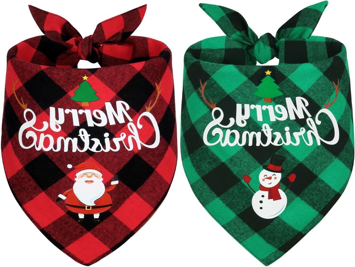 2-delige Honden Sjaal Verstelbare Driehoekige Neckerchief met Kerstman en Sneeuwman Patroon voor Kleine, Middelgrote en Grote Honden