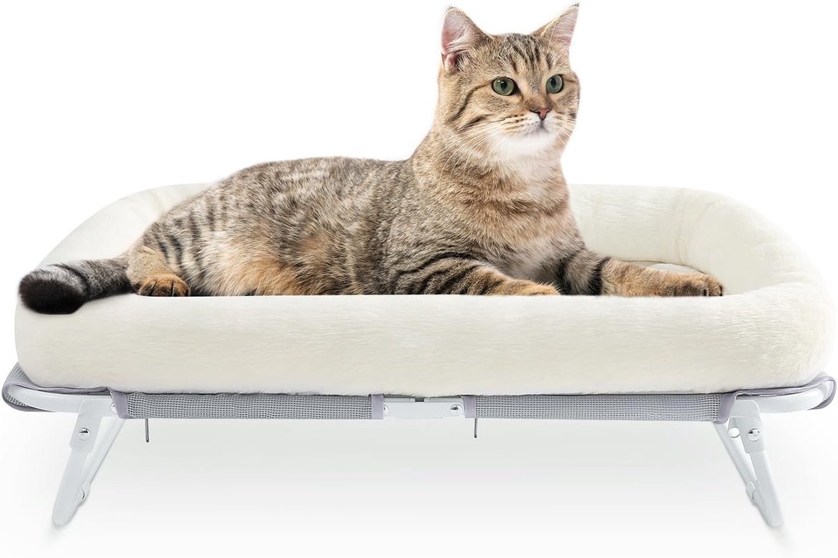 Verhoogd kattenbed en kattenhangmat voor kleine honden en katten, vrijstaand ontwerp met metalen frame, 64x40x19 cm (wit)
