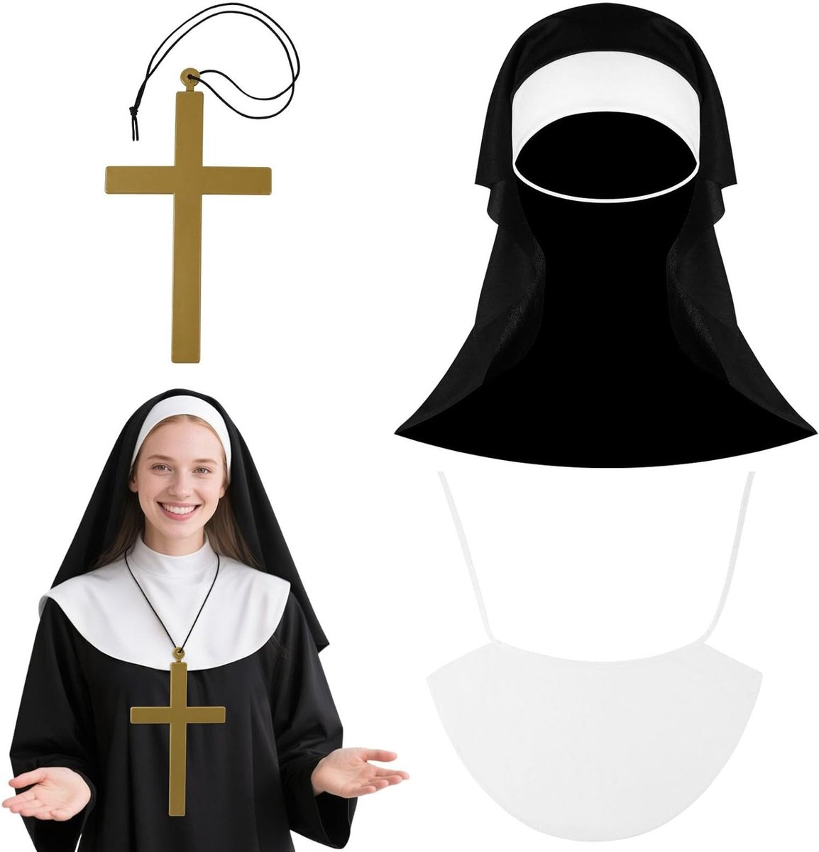 Dames Nonnen Kostuum, 4-delige Nonnen Outfit met Hoed, Riem en Kruis, Perfect voor Halloween en Carnaval