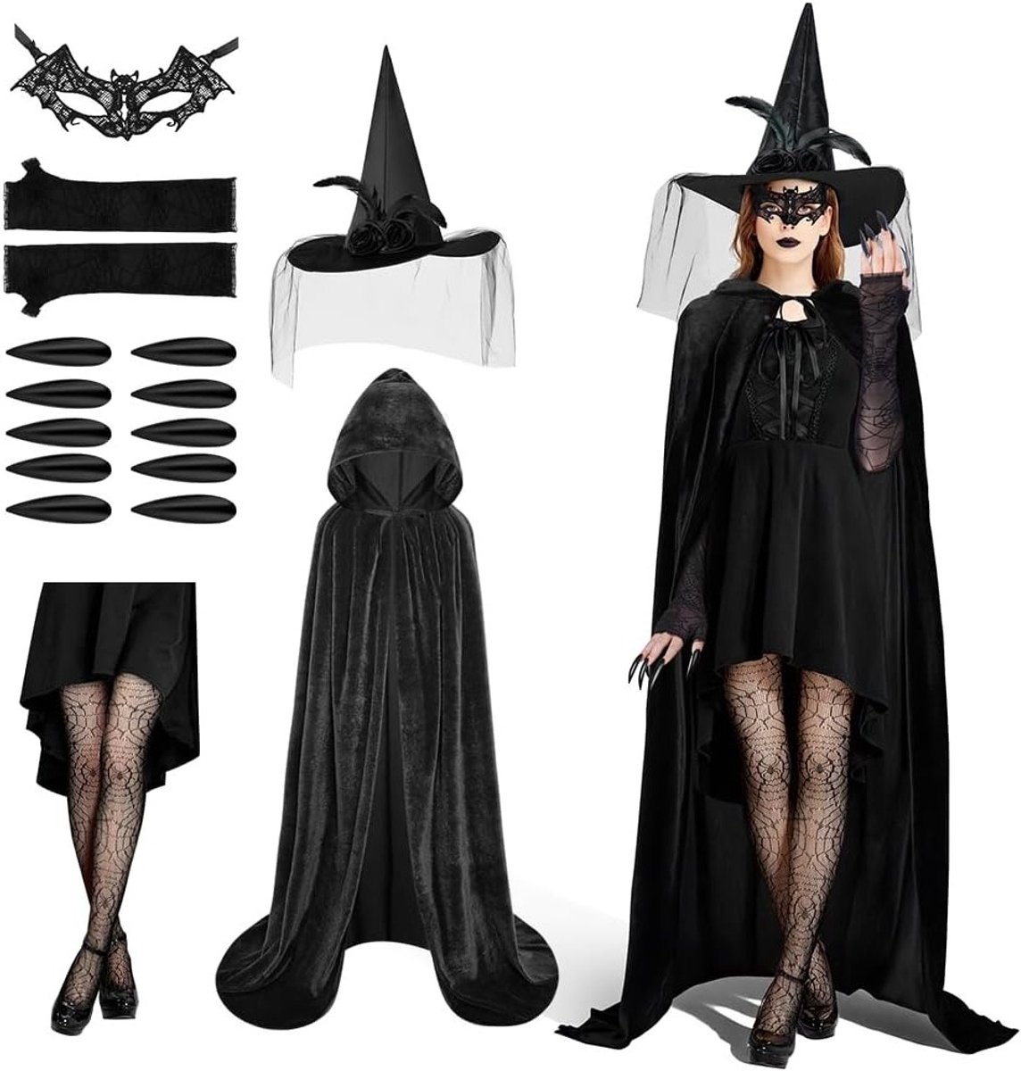 Dames Heksen Kostuum Compleet Set met Kap, Kantmasker en Armband voor Halloween en Carnavalsfeesten