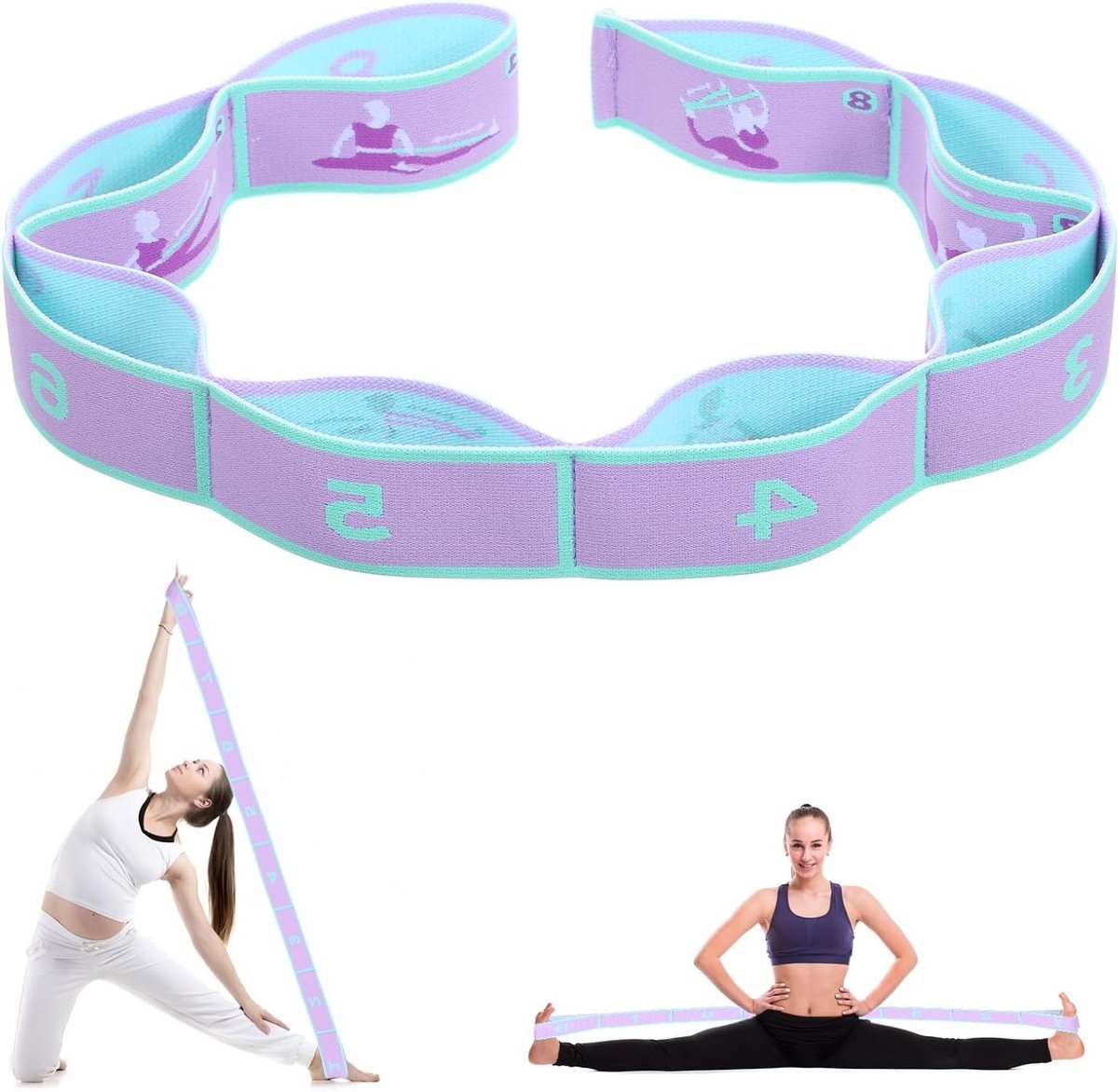 Verstelbare Yoga Stretchband met 8 Lussen voor Flexibiliteit, Krachttraining en Revalidatie