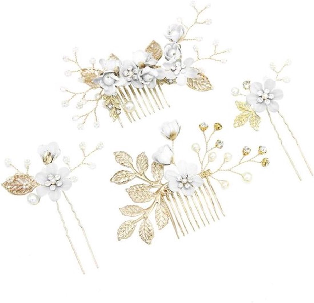 Gouden Haarkam Set voor Bruiloft - Bruid en Bruidsmeisje - Strassteentjes - Bloemen - 4 Stuks