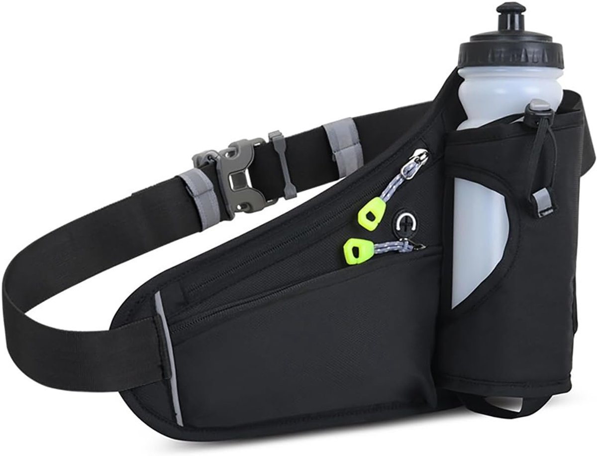 Hardloopriem met Bidonhouder - Verstelbare Hardloopheuptas met Kabel Uitgang - Waterafstotend en Reflectoren - Running Belt Drinkgordel - Sportband - Hardlooptasje - Fitness & Sport - Unisex - Voor Smartphone, Drinkfles, Powerbank - Zwart - SOLLBRY®