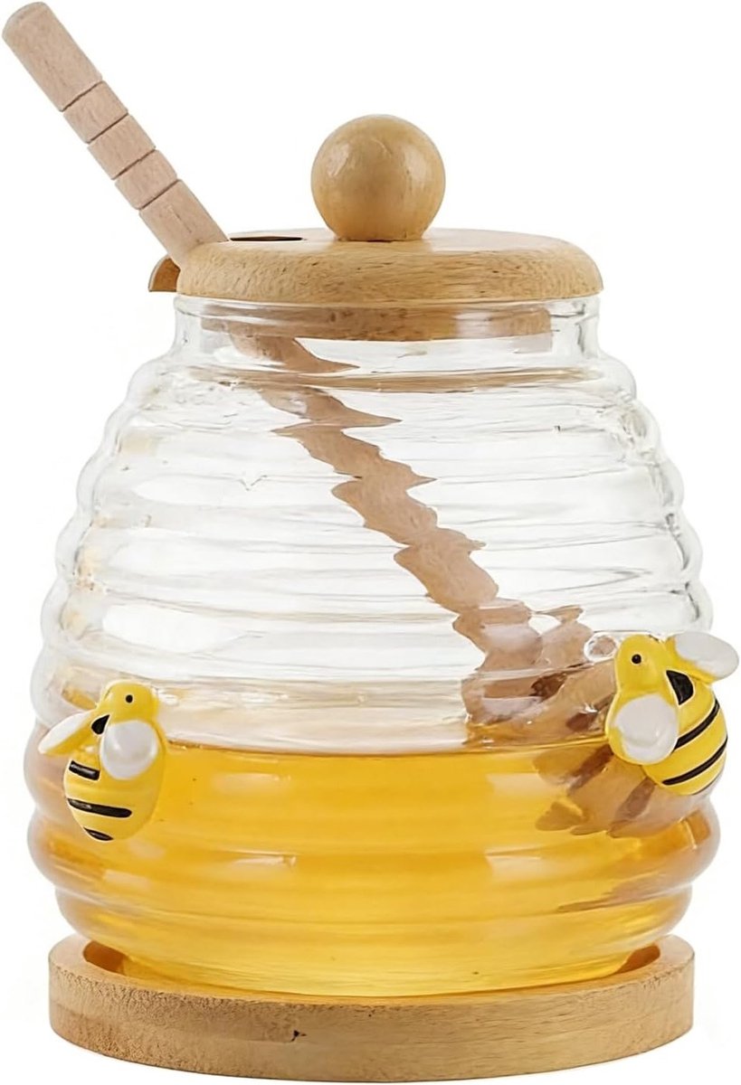 Transparante Honingpot van 500 ml met Lepel en Houten Deksel - Ideaal voor Honing en Siropen met Grote Opening