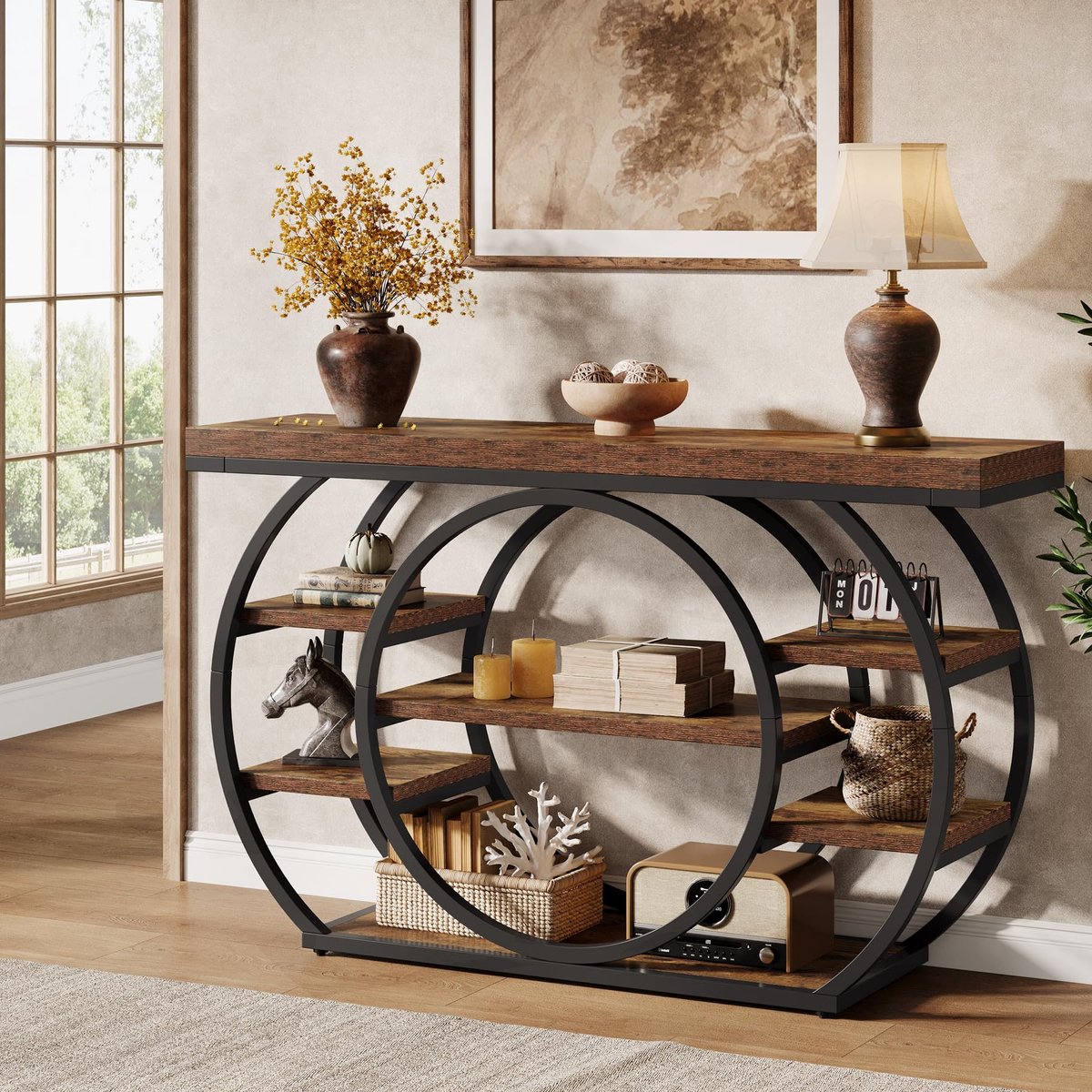 Little Trees LITTLE TREE Consoletafel Hout - Sidetable - 120 x 30 x 80 cm - 5‑Laags Industrieel Design - Metalen Frame - Smalle Banktafel - Bruin