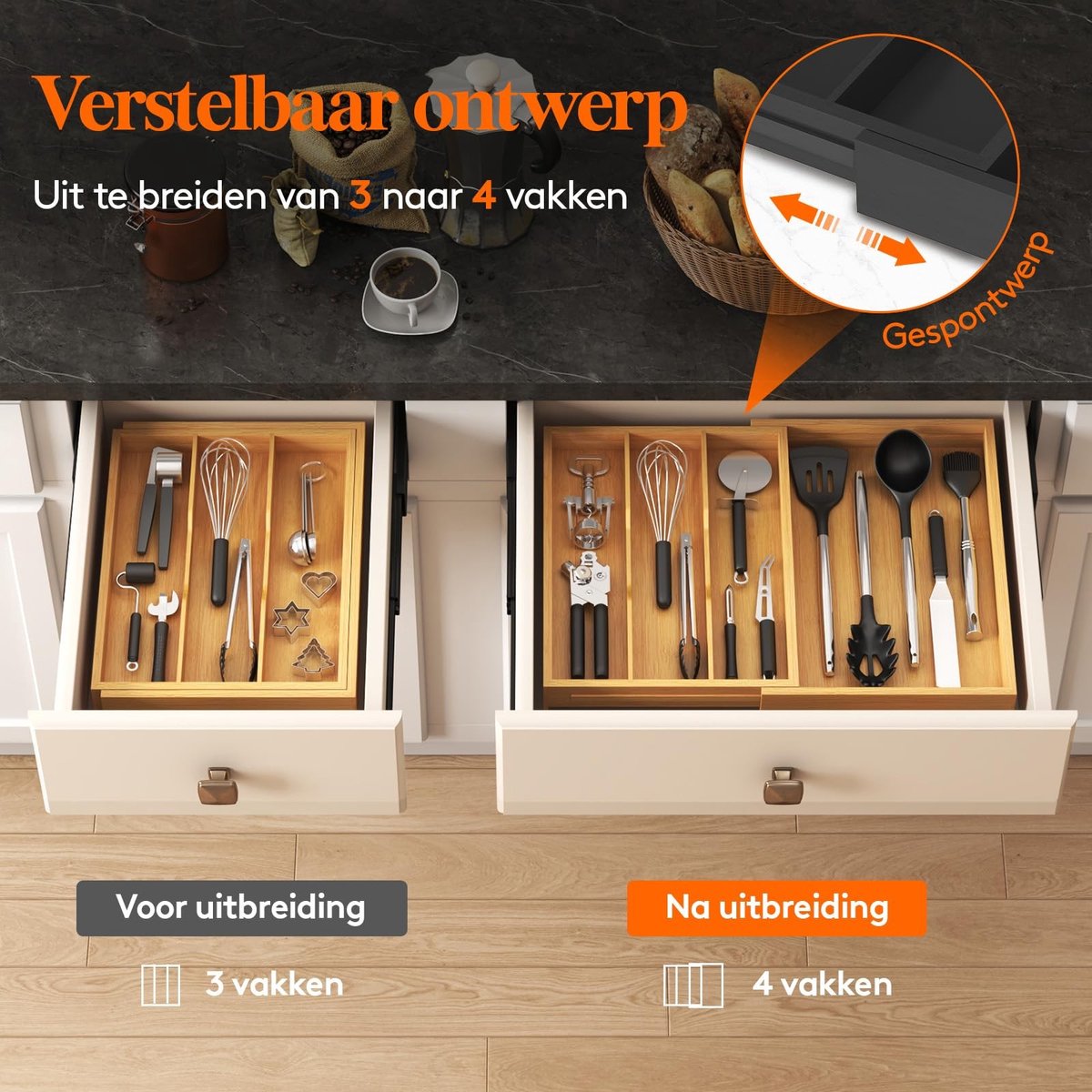 Dailygoods - Innovra - Dailygoody - Uitschuifbare Besteklade - Bamboe Bestekorganiser - Verstelbaar en Ruimtelijk - Natuurlijk - Keukenlade-Organiser - Geschikt voor Lepels ...