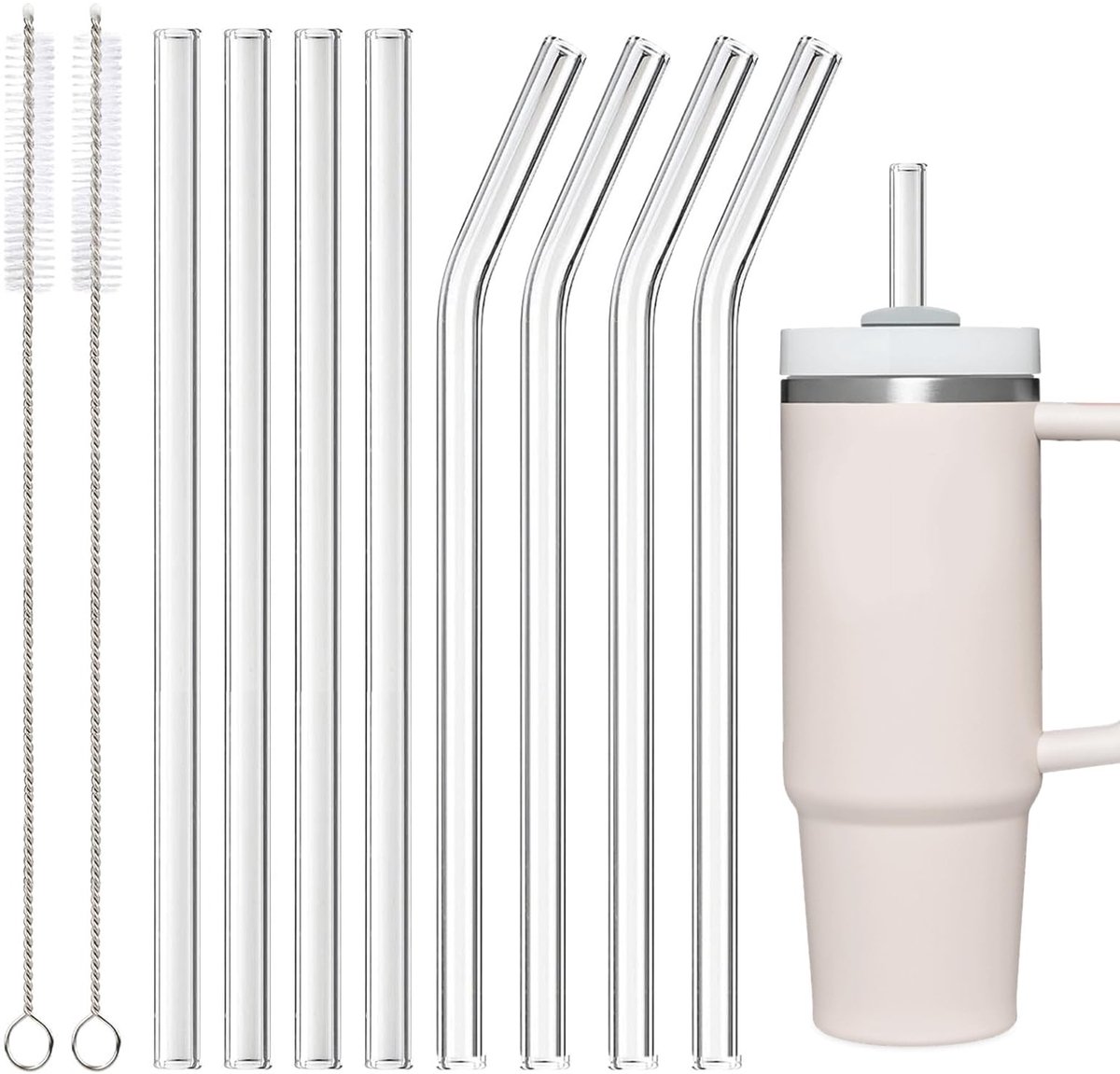 Dailygoods - Set van 8 Herbruikbare Glazen Rietjes met Reinigingsborstels