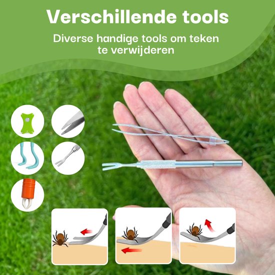 Hand met diverse tekengereedschappen. Met illustraties van teekverwijdering.