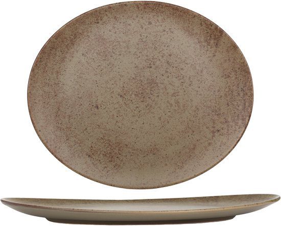 Een grote en een kleine aardewerken schotel, beide met een gespikkeld bruinbeige design.