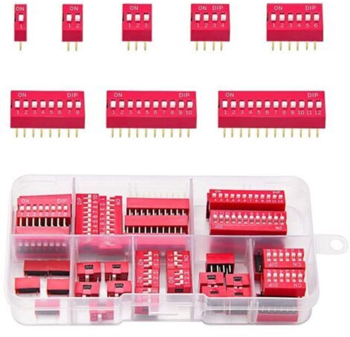 40 DIP-schakelaars geschikt voor dubbele rij (1-pins, 2-pins, 3-pins, 4-pins, 6-pins, 8-pins, 10-pins, 12-pins), 2,54 mm aan/uit-schuifschakelaars, geschikt voor printplaten (rood).