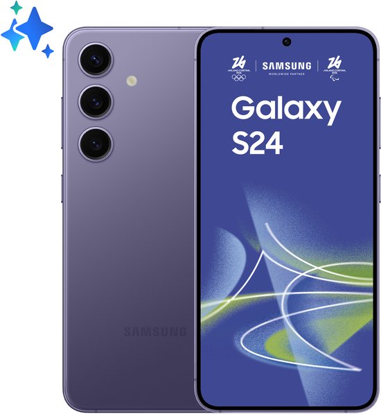Samsung Galaxy S24 violet cobalt avec trois caméras à l'arrière et logo des anneaux olympiques sur l'écran.