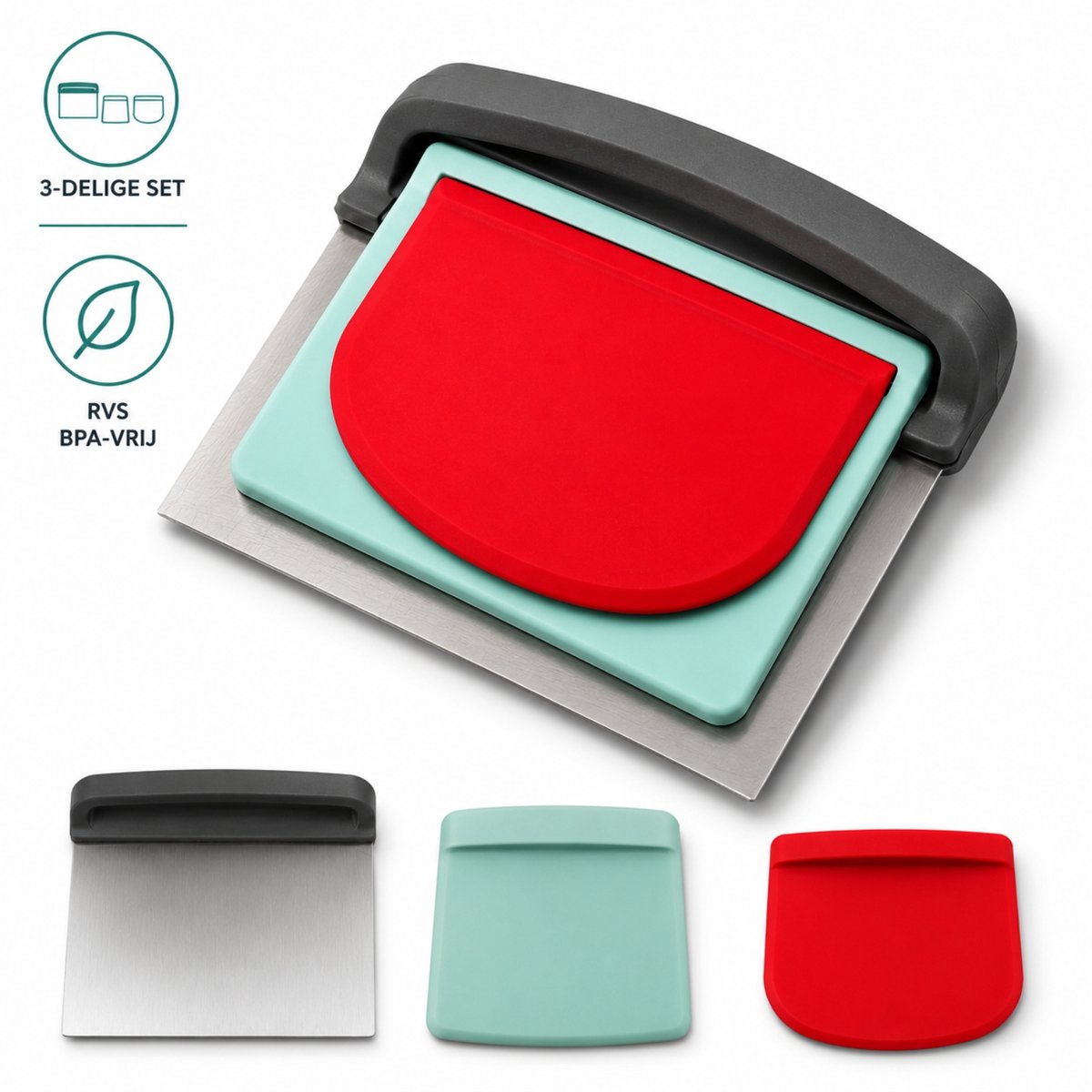 AXIMO Deegsteker & Deegschraper Set – 3-Delig – RVS & BPA-vrij – Voor Brood, Pizza en Bakken – Deegsnijder – Deegkrabber – Deegschraper