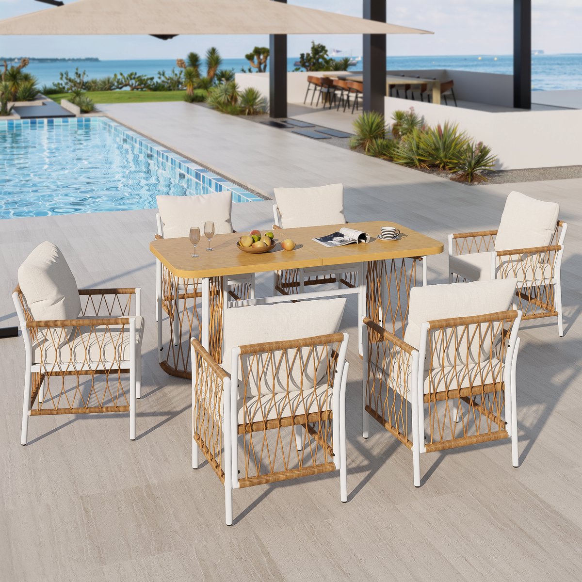Welltin Eettafel en stoelenset - Modern buiten eettafel - Tuin eettafel en stoelenset - Inclusief zitkussen - Geschikt voor 6 personen - Buitenactiviteiten en bijeenkomsten - Beige