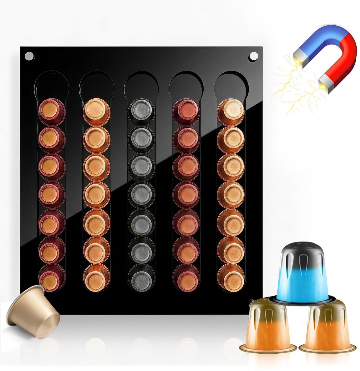 Acryl Koffiecapsule Houder – Magnetische Wandhouder voor Koffiecapsules – Zwart