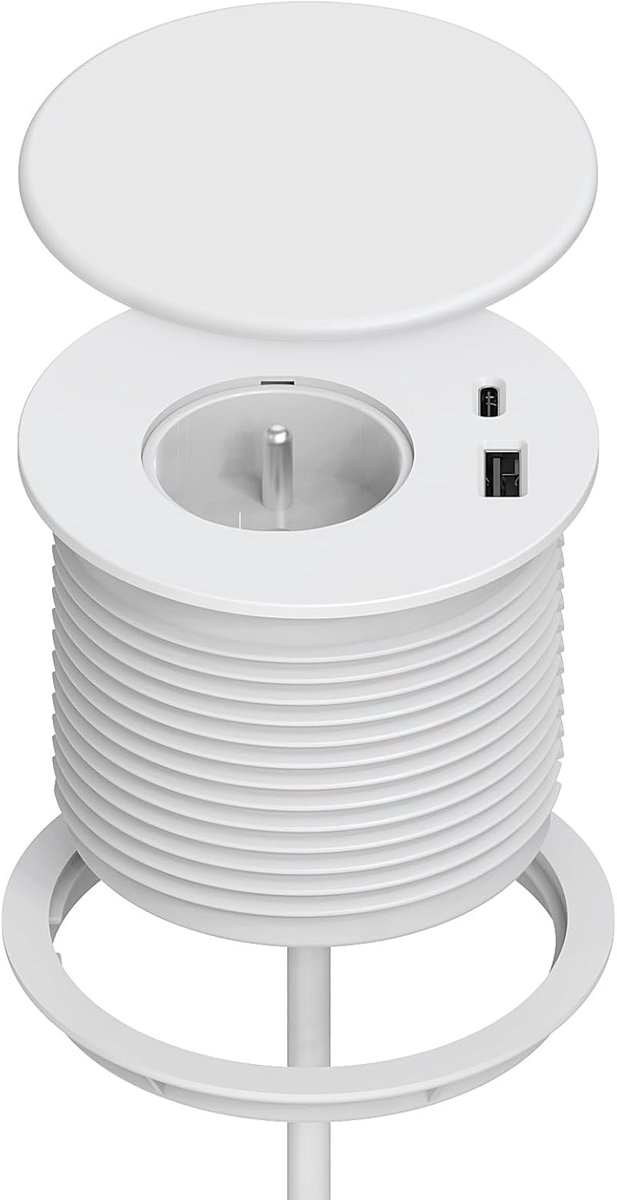 Inbouwstekkerdoos met één stopcontact, één USB-C-poort en één USB-A-poort; diameter 80 mm; 1,5 meter kabel; geschikt voor gebruik in keukens, kantoren en andere meubelruimtes; wit.