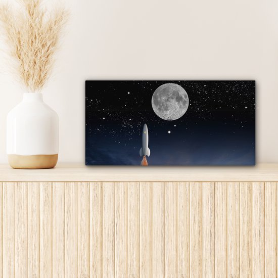 Tableau sur toile Un dessin de la navette spatiale et de la pleine lune - 40x20 cm - Décoration murale Art