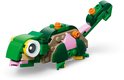 Groene LEGO-kameleon met grote ogen, roze, bruine en gele accenten en een opgerolde staart.