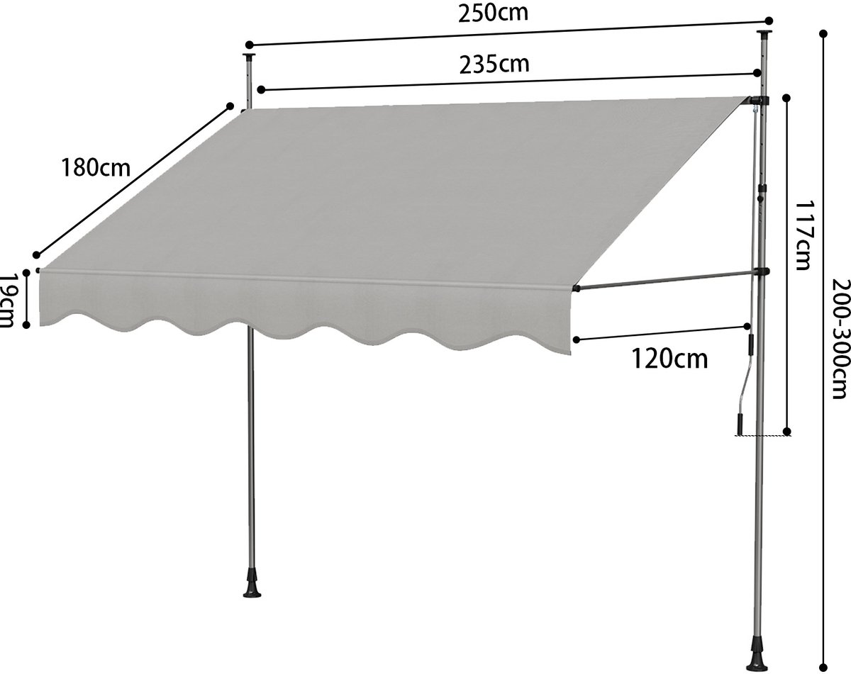 Jently luifel - zonnescherm - zonneluifel - terrasluifel -zonwering - uitschuifbaar - klem - handmatig - 200-300x250 - grijs