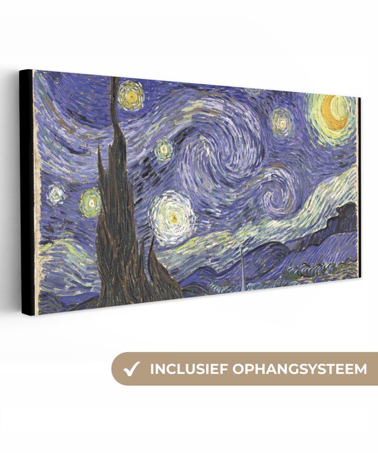 Canvas schilderij 40x20 cm - Wanddecoratie Sterrennacht - Vincent van Gogh - Muurdecoratie woonkamer - Slaapkamer decoratie - Kamer accessoires - Schilderijen op canvas