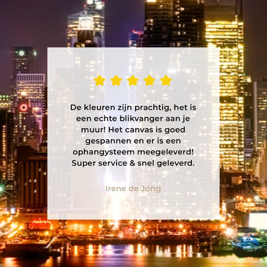 Un avis client 4 étoiles sur une toile de la skyline de New York, avec le texte 'Les couleurs sont magnifiques'.