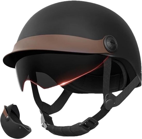 Jethelm met vizier, scooterhelm, bromfietshelm, ideaal voor motorfiets, scooter, bromfiets, modieuze helm, comfortabele motorhelm voor heren en dames, zwart (54-62cm)