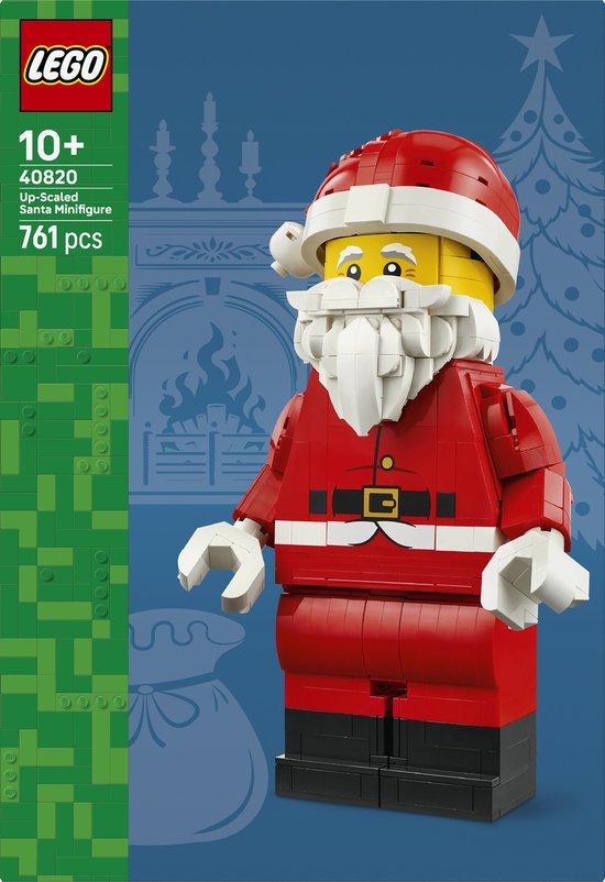 LEGO opgeschaalde Kerstman minifiguur in rood pak, met witte handschoenen en kerstmuts.