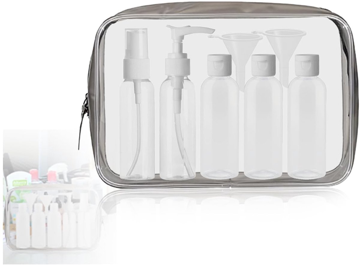 Dailygoods - Dailygoody Toilettas reisflessenset - transparante vloeistof - lekvrij - 5 stuks - opbergtas - reiscosmetica - geschikt voor reizen - transp...