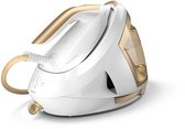 Wit met gouden accenten stoomstrijkijzer, met het PerfectCare 8000-logo.