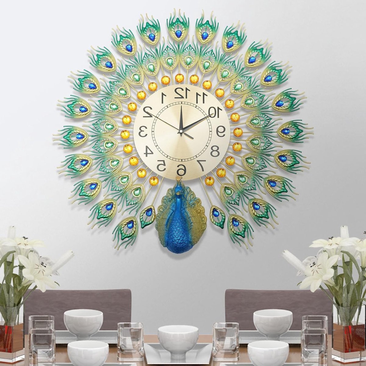 Elegante 3D Wandklok met Pauw Design, 60x60cm, Luxe Metalen Klok voor Woonkamer en Slaapkamer Decoratie