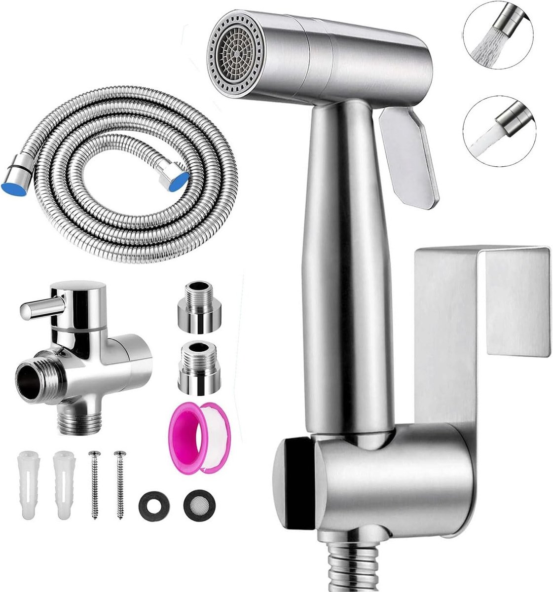 Bidet Douche Set met 2 Modi, RVS Handdouche voor Bidet Toilet, Inclusief T-Kraan en 1.5m Slang, Ideaal voor Hygiëne en Comfort
